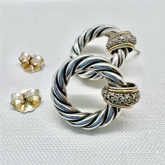 David Yurman Sterling Silver 18k Diamond Cable Door Knocker Earrings - Picture 12 of 12